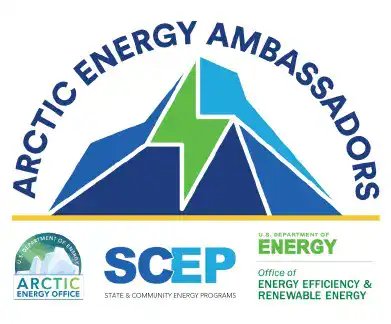 The logo for Arctic Energy Ambassadors. Three logos can be seen below; the Arctic Energy Office, State & Community Energy Programs, and the US Department of Energy (Office of Energy Efficiency and Renewable Energy)