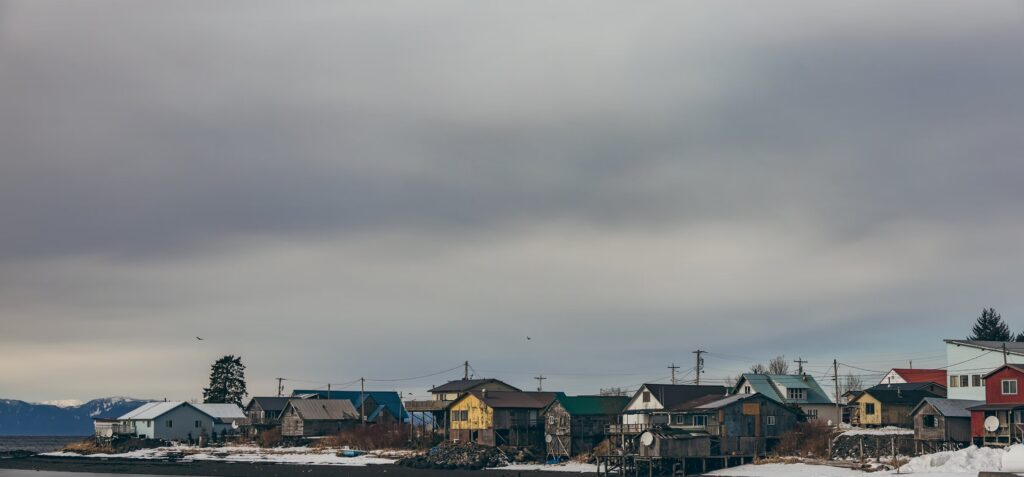 A snowy day in the village of Kake, alaska.