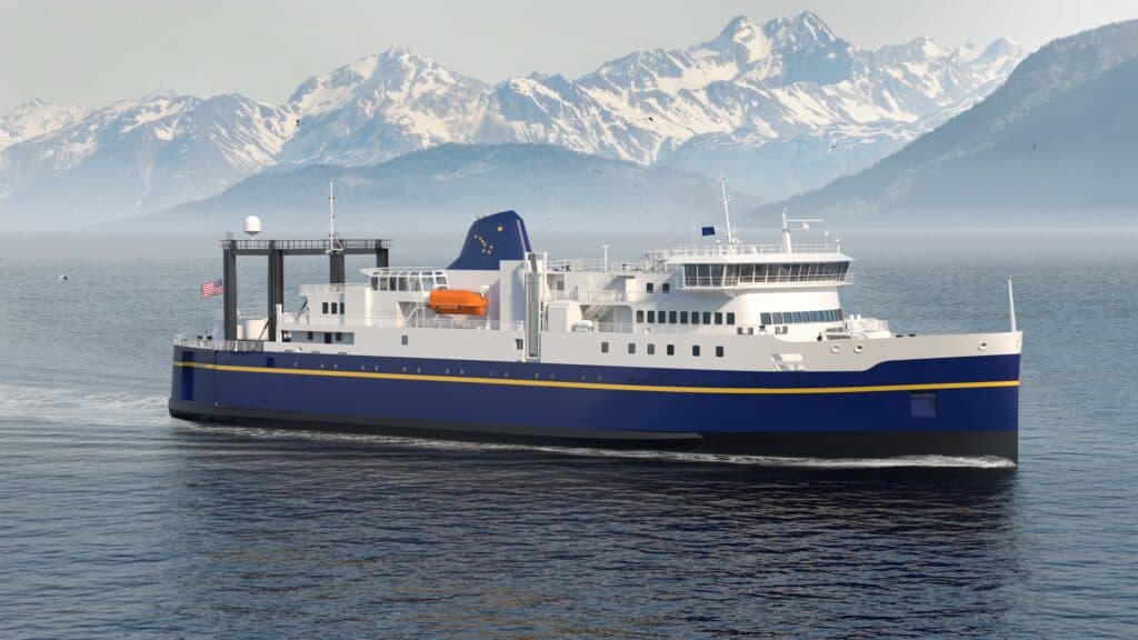 The Alaska Ferry against a backdrop of snowcapped mountains